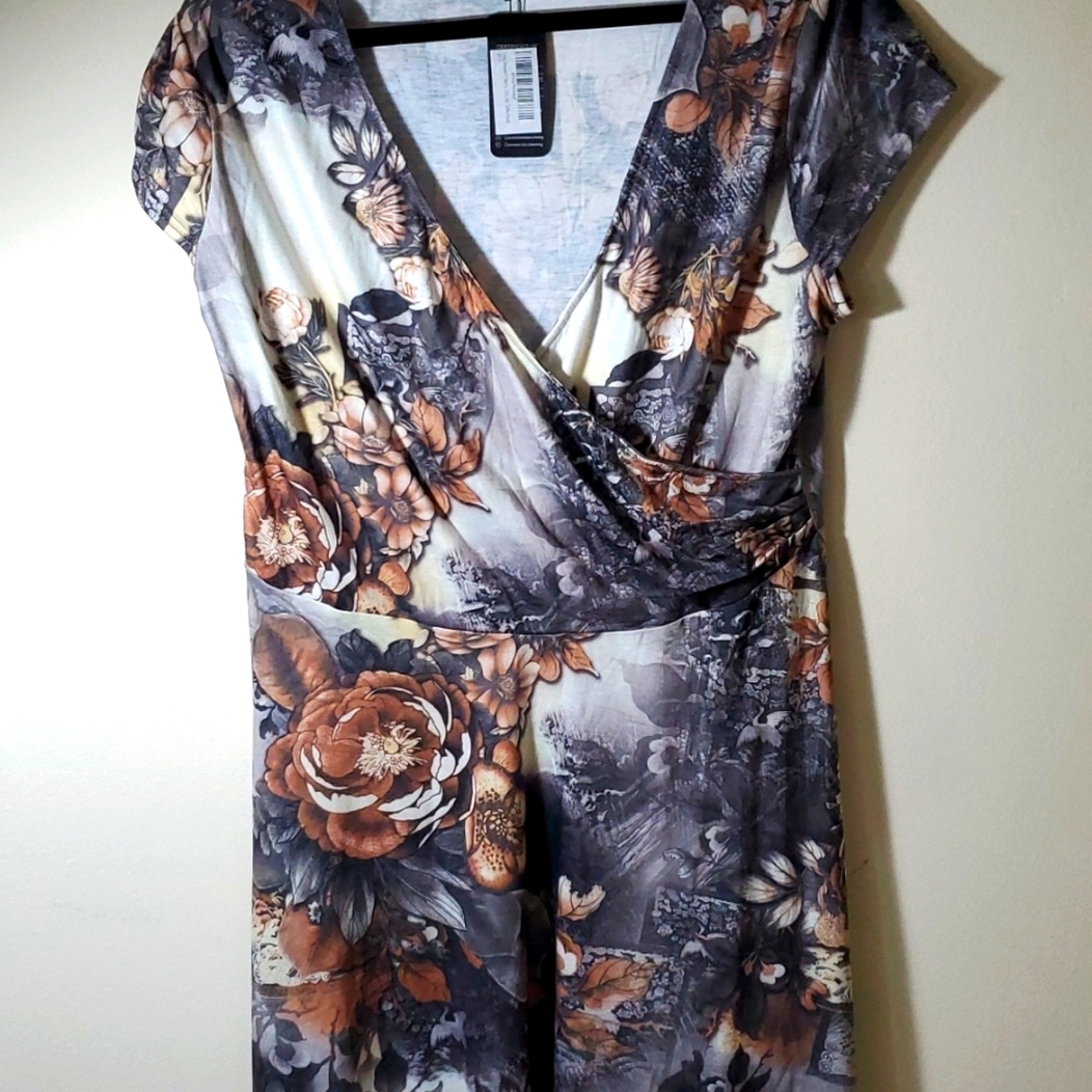 Women’s Floral Wrap-Style Dress in Brown and Gray